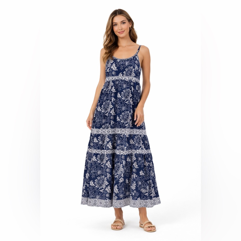 La Plague Palmetto Maxi-Floral Dot Dress Boho Sleeveless Sundress Size Large